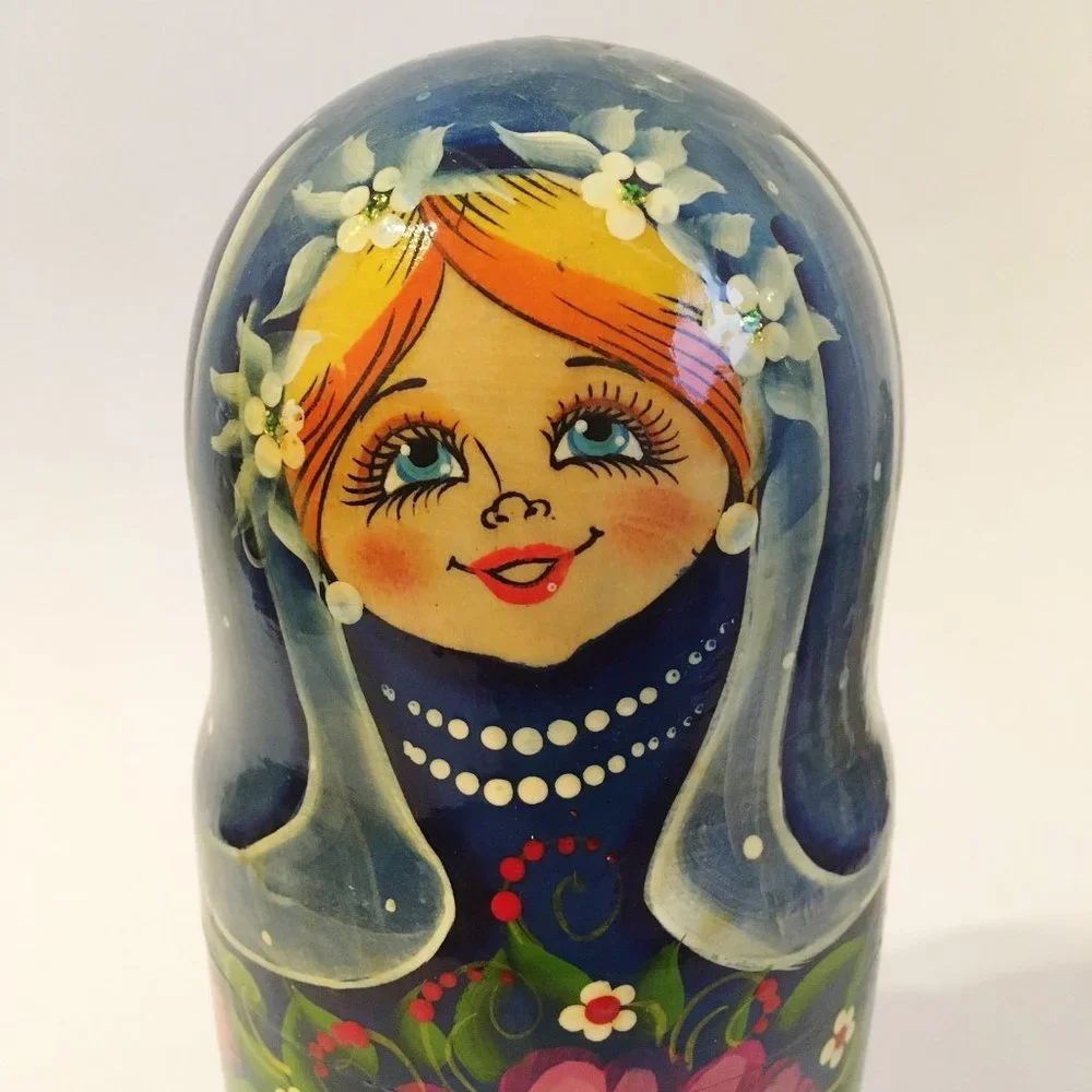 5 Piece Nesting Dolls Hand Painted Wood Flowers Vintage Collectible 7.5